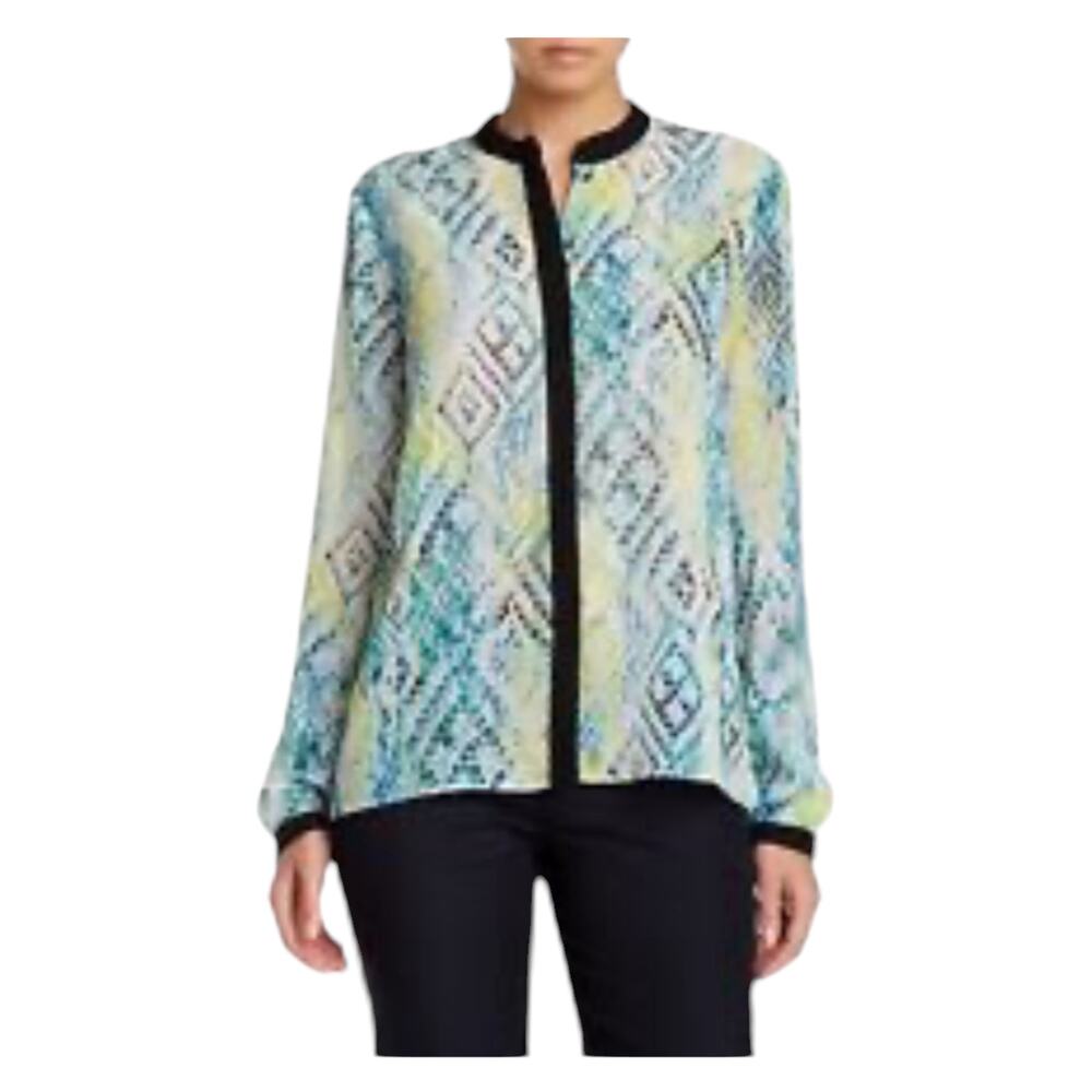 T Tahari Blue Green Animal Print Sheer Long Sleeve Chiffon Career Blouse S